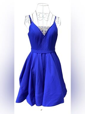 Ieena for Mac Duggal Size 4 Royal Blue Fit Flare Beaded V-Neck Mini Dress